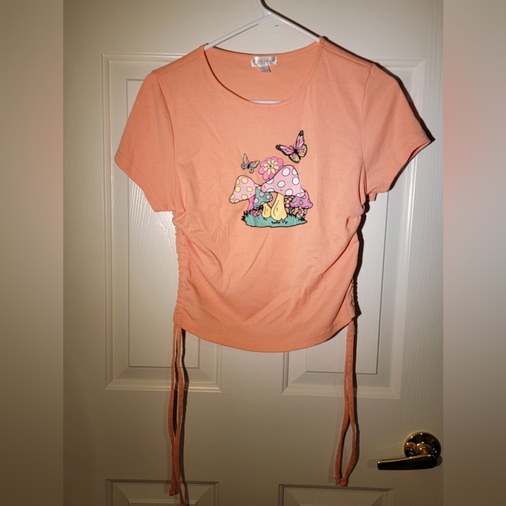 Orange Kiss Mushroom Ribbed Tee with Side Ties